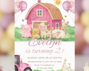 Editable Pink Farm Birthday Invitation Template, Girls Barnyard Birthday Invite, Printable Barn Animals Birthday Invites, Digital Download