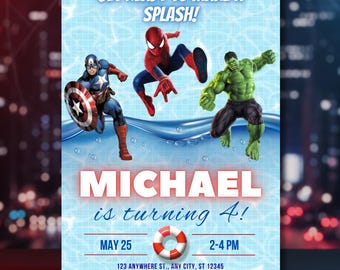 Spiderman verjaardagszwembadfeest uitnodiging sjabloon Canva - Bewerkbare Spiderman Hulk Captain America uitnodiging - Superhelden spetterfeest uitnodigingen