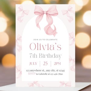 Invito di compleanno con fiocco rosa modificabile - Modello Canva per invito con fiocco rosa - Invito digitale per festa di compleanno per ragazze con nastro