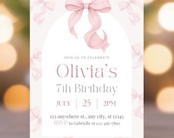 Editable Pink Bow Birthday Invitation – Pink Coquette Bow Invite Canva Template – Ribbon Girls Birthday Party Digital Invite Card