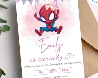 Spiderman Girls Birthday Invitation Template Instant Download - Editable Pink Spiderman Girl Birthday Party Invites - Template Canva