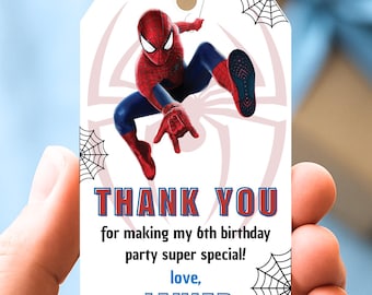 Etiquetas editables de Spiderman para regalos de cumpleaños – Etiquetas de agradecimiento de superhéroe imprimibles – Etiquetas de Spiderman para regalos de fiesta – Plantilla de Canva