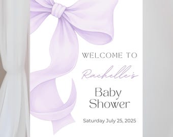 Purple Bow Baby Shower Welcome Sign - Coquette Bow Girl Baby Shower Welcome Poster Decor - Editable Template Digital Download