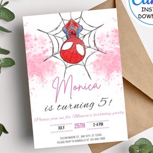 Bearbeitbare Geburtstagseinladung Spiderman für Mädchen - Ausdruckbare Geburtstagseinladungen für rosa Spiderman-Mädchen - Vorlage Canva Sofort-Download