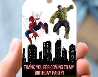Etiquetas editables para recuerdos de cumpleaños de Spiderman y Hulk – Etiquetas imprimibles de agradecimiento de superhéroes – Etiquetas para recuerdos de fiesta de Spiderman y Hulk – Plantilla de Canva