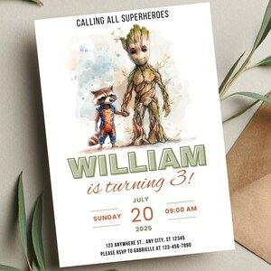 Modèle d'invitation d'anniversaire Groot et Rocket, invitation imprimable pour une fête d'anniversaire de super-héros Avengers, carte d'anniversaire modifiable à télécharger instantanément