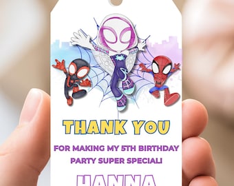 Ghost Spider Thank You Tags Template – Editable Gwen Stacy Favor Tags – Spidey and Amazing Friends Party – Printable Gift Labels
