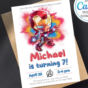 Modèle d'invitation d'anniversaire Iron Man - Invitation d'anniversaire Iron Man modifiable - Carte d'invitation numérique imprimable pour garçon à télécharger instantanément