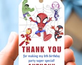 Editable Spiderman Birthday Favor Tags – Printable Superhero Thank You Tags – Spidey and His Friends Party Favor Labels – Canva Template