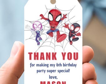Editable Spidey And His Amazing Friends Birthday Favor Tags – Printable Superhero Thank You Tag – Spidey Party Favor Labels Canva Template