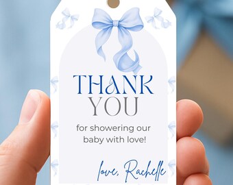 Editable Blue Bow Baby Shower Favor Tags – Canva Template – Boy Baby Shower Thank You Tags – Printable Party Favor Tags – Instant Download