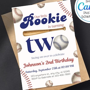 Bearbeitbare Einladungsvorlage zum zweiten Baseball-Geburtstag | Baseball 2. Geburtstagsparty Einladung Jungen | Sportthema lädt sofort herunter