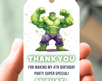 Editable Hulk Birthday Favor Tags – Printable Superhero Thank You Tags – Customizable Hulk Party Favor Labels – Canva Template