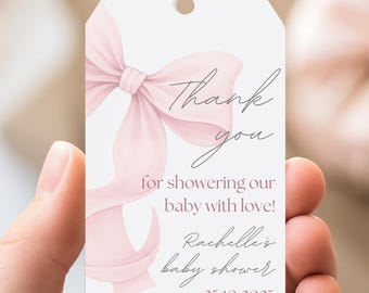 Editable Pink Bow Baby Shower Favor Tags Template – Girl Baby Shower Thank You Tags – Printable Party Favor Labels – Instant Download