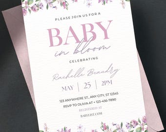 Baby in Bloom Baby Shower Invitation Template - Editable Floral Baby Shower Invite, Girl Baby Shower Invites, Instant Download