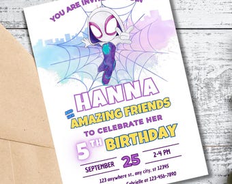 Ghost Spider Birthday Invitation Template – Editable Gwen Stacy Spidey and Friends Party Invites – Printable Watercolor Girls Birthday Card