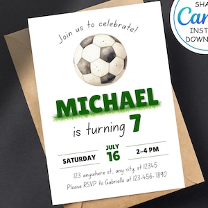 Convite de aniversário de futebol | Convite para festa de aniversário de meninos | Cartão de aniversário para imprimir | Modelo editável do Canva | Download digital