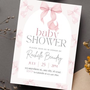 Editable Bow Baby Shower Invitation Template - Editable Pink Coquette Bow Baby Shower Girl Invite - Digital Template Invitations