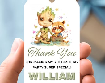 Editable Cute Groot and Rocket Raccoon Birthday Favor Tags – Printable Superhero Thank You Tag – Kids Party Favor Labels – Canva Template