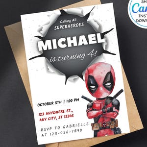 Deadpool Birthday Invitation Template Instant Download - Editable Deadpool Birthday Party Invites - Superhero Boy Invite Digital Card
