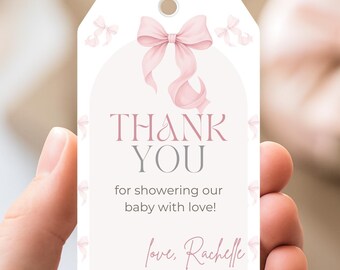 Editable Pink Bow Baby Shower Favor Tags – Canva Template – Girl Baby Shower Thank You Tags – Printable Party Favor Tags – Instant Download
