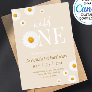 Modelo de convite de aniversário editável Daisy - Convite de 1º aniversário Wild One Daisy - Cartão de primeiro aniversário para menina para impressão de flores