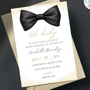 Elegant Bow Tie Baby Shower Invitation Editable Template, Boy Baby Shower Invite, Printable Invitation, Neutral Personalized Baby Shower