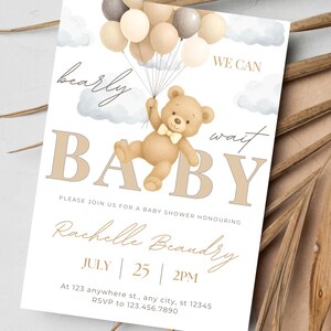 Modelo de convite para chá de bebê de ursinho de pelúcia - Convite para chá de bebê We Can Bearly Wait - Cartão de chá de bebê de urso editável com gênero neutro