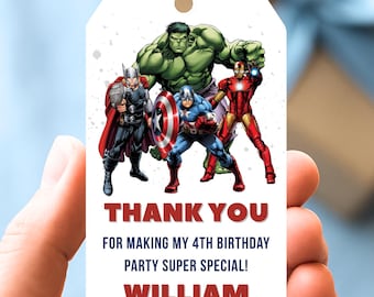 Editable Avengers Birthday Favor Tags Template – Printable Superheroes Thank You Tag – Customizable Party Favor Labels – Gift Tag