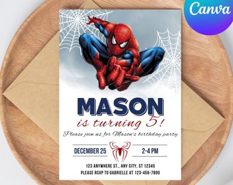 May include: A red and blue Spiderman birthday party invitation with a web design background. The invitation says "MASON is turning 5!" and includes the date "DECEMBER 25" and time "2-4 PM".