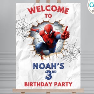 Letrero de bienvenida de Spiderman - Tablero de bienvenida de Spiderman editable para fiesta de cumpleaños - Plantilla de letrero con temática de superhéroe imprimible