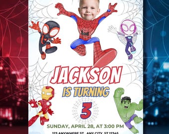 Personalized Face Spidey Invitation - Custom Spiderman Birthday Party Invite Digital - Editable Canva Template - Invites with Photo