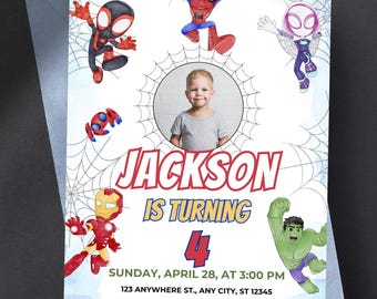 Spidey Birthday Invitation with Photo - Spiderman Birthday Party Invite - Spidey And His Amazing Friends Invites - Editable Canva Template