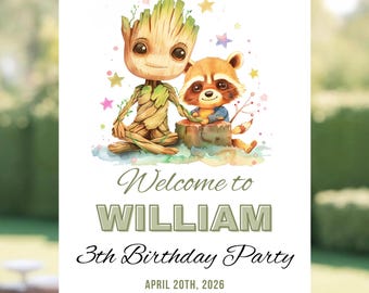 Editable Groot and Rocket Welcome Sign - Printable Cute Baby Rocket the Racoon Groot Birthday Party Welcome Poster - Superhero Sign Template