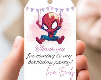 Editable Pink Spiderman Birthday Party Favor Tags – Printable Spider-Man Thank You Tags – Superhero Girls Party Favor Tags Canva Template