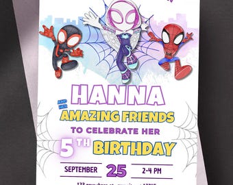 Ghost Spider Birthday Invitation Template – Editable Gwen Stacy Spidey and Amazing Friends Party Invite – Watercolor Girls Birthday Card