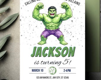 Watercolor Hulk Birthday Invitation Template Instant Download - Editable Hulk Birthday Party Invites Kids - Printable Superhero Boy Invite