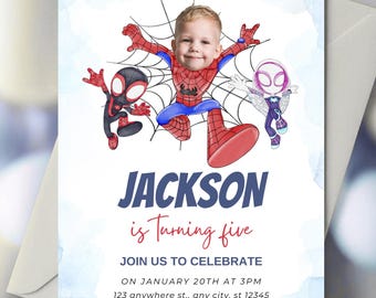 Personalized Face Spidey Birthday Invitation - Custom Photo Spiderman Birthday Party Invite Digital - Editable Canva Template