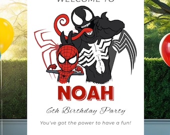 Editable Spiderman and Venom Welcome Sign - Printable Spider-man Birthday Party Welcome Poster - Funny Superhero Custom Board Template