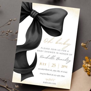 Oh Baby Black Ribbon Baby Shower Invitation Template - Coquette Bow Baby Shower Invite Printable - Editable Baby Party Template Invite Card