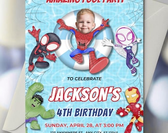 Invitación personalizada para fiesta de cumpleaños en la piscina con la cara de Spidey - Invitación editable para la fiesta de Spidey y sus increíbles amigos - Plantilla de invitaciones para la piscina de Spiderman