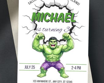 Editable Hulk Birthday Invitation Template - Watercolor Hulk Birthday Party Invites Kids - Printable Superhero Boy Invite Instant Download
