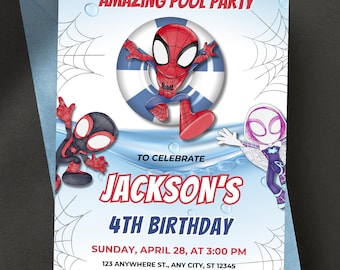 Editable Spidey and His Amazing Friends Birthday Invitation Template - Spidey Pool Party Invite - Spiderman Superhero Splash Party Invites