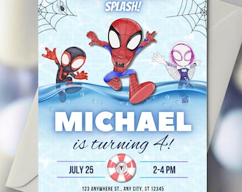 Invitación editable para fiesta en la piscina de Spidey y sus increíbles amigos - Invitación de cumpleaños de Spidey - Plantilla de invitaciones para fiesta en la piscina de Spiderman