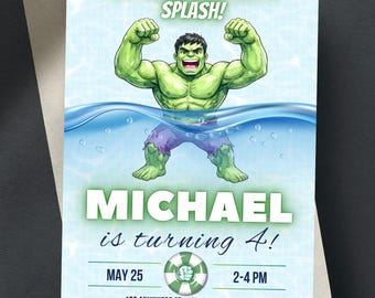 Hulk Birthday Invitation Template Instant Download - Editable Hulk Birthday Pool Party Invites Kids - Summer Superhero Boy Party Invite Card