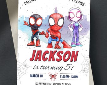 Editable Watercolor Spidey Birthday Invitation Template, Superhero Birthday Party Invites, Spidey And His Friends Invite Instant Download