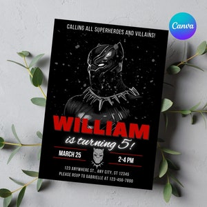 Modèle d'invitation d'anniversaire Black Panther à télécharger instantanément - Invitation numérique modifiable pour fête d'anniversaire de super-héros - Carte d'invitation pour fête de garçon