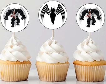 Venom Cupcake-Topper – Superhelden-Partydeko mit schwarzem Spiderman – Druckbare Venom-Kuchenaufleger als Gastgeschenk – Sofortiger digitaler Download (PNG/PDF)