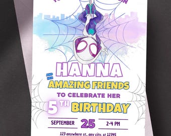 Editable Ghost Spider Birthday Invitation Template – Printable Gwen Stacy Spidey and Friends Party Invite – Watercolor Girls Birthday Card
