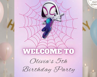 Plantilla editable de cartel de bienvenida de Gwen Stacy Spidey rosa – Póster de fiesta de cumpleaños de Ghost Spider – Tablero personalizado imprimible de superheroína